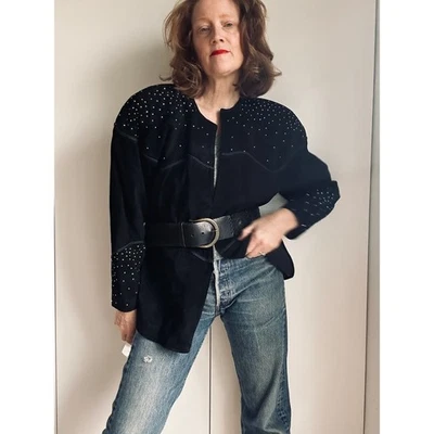 Chaqueta de gamuza vintage Y2K adornada estrás negra talla grande stock muerto  Foto 1 de 4
