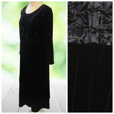 Vintage Velvet Maxi Dress Womens 14W Black Crushed Long Sleeve Elegant Evening - Image 1 of 4