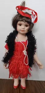 Dark Haired Girl in Red Flapper Dress and Pearls 12 Inch Porcelain Doll - Picture 1 of 7