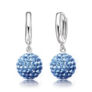 Crystal Bead 925 Sterling Silver Earrings Lever Back open silver earrings Blue - Picture 1 of 1