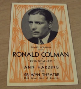 Programa de Película Original 1929 De Colección ~ "RONALD COLMAN en CONDENADO" ~ Teatro Selwyn ~ Nueva York - Imagen 1 de 8