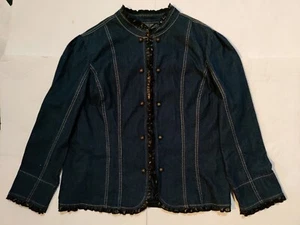 AMI 2X Dark Blue Black Faux Leather Ruffled Trim Hook Closure Denim Jacket - Picture 1 of 8