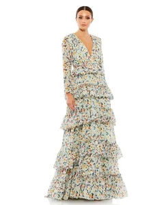 Nuevo Vestido IEENA FOR MAC DUGGAL Estampado Floral Volantes en Niveles Manga Larga Talla 6 - Imagen 1 de 7