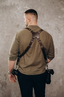 Correa de cámara doble personalizada, arnés de cámara de cuero hecho a mano regalo para ella/él Foto 1 de 4