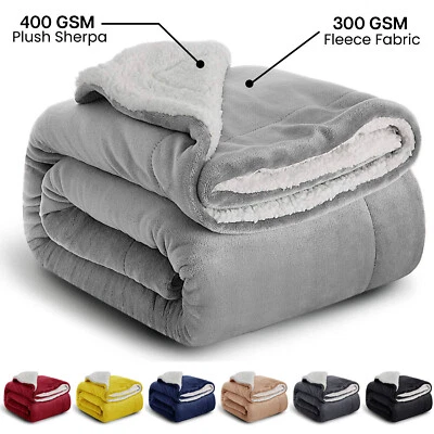 Large Sherpa Fleece Blanket 400 Gsm Super Soft Reversible Warm Sofa Bed Throws - Image 1 of 4