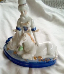 Vintage Japanese Porcelain Lady Horse Sitting Blue White Gold 8" - Picture 1 of 13