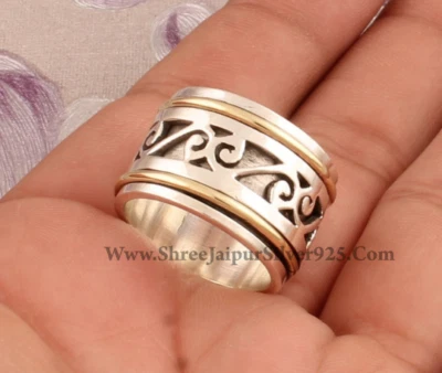 Anillo giratorio de dos tonos de plata esterlina 925 maciza y latón Foto 1 de 3