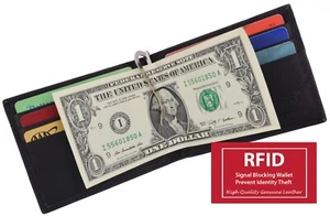 RFID Blocking Genuine Leather Money Clip Men's Bifold Wallet Card Holder - Picture 1 of 12