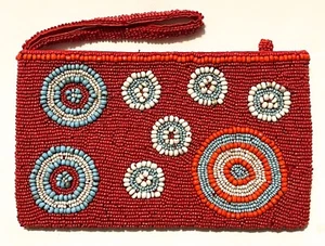 Rot, Türkis & Weiß Kreise Saatperlen Hand Handtasche Clutch Reißverschluss Sehr guter Zustand LN - Bild 1 von 11