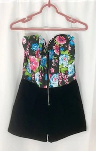 Womens SEXY Strapless Designer Romper Black Shorts Floral Top Pockets Zips Up M - Picture 1 of 8