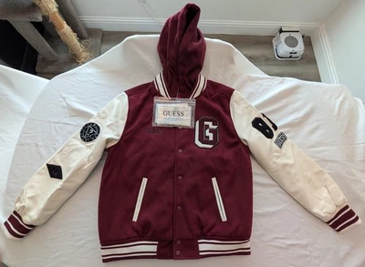 Guess Georges Marciano Varsity Letterman Jacket Sz L ~Maroon & White~ZipOut Hood - Image 1 of 4