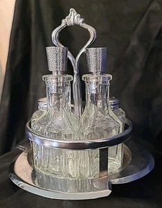 Condiment Set W/Chrome Caddy & Glass Bottles-Salt, Pepper,Oil,Vinegar,Sugar - Picture 1 of 13