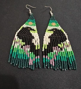 Bird Tribal Earrings Native Large Boho American Seed Beads Handmade Earring - Picture 1 of 9