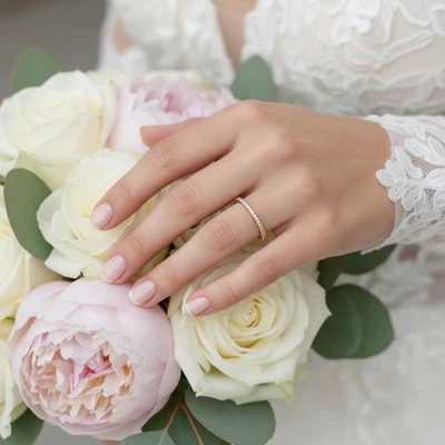 14k Solid Gold Micro Pave Diamond Wedding Band, Half Eternity Diamond Band Ring - Image 1 of 4