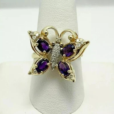 14K Yellow Gold Plated 2Ct Oval Cut Lab-Created Amethyst Butterfly Cluster Ring - Image 1 of 4