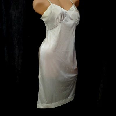 Vintage LA TENDRESSE Full Slip Dress WHITE SATIN NYLON Fitted Bias Cut SMALL - Image 1 of 4