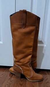 70's HANNA Women’s Tan Cognac Western Bohemian Knee Leather Stack Heel Boots