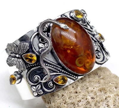 Brazalete brazalete de plata esterlina 925 ámbar báltico y piedras preciosas citrino talla ADJ Foto 1 de 4