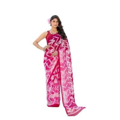 TBS Pink Chiffon Printed Saree Party Wear Indian Pakistani Designer Sari - Image 1 of 4