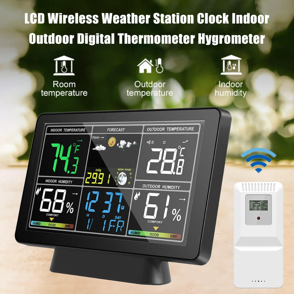 Digital LCD Indoor & Outdoor Weather Station Clock Calendar Thermometer Wireless - Image 1 of 4