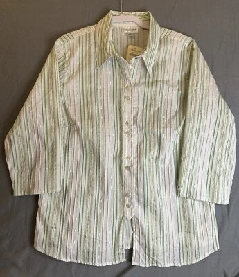 Coldwater Creek 女式 1X 纹理垂直条纹绿色纽扣衬衫全新带标签 — 第 1/4 张图片