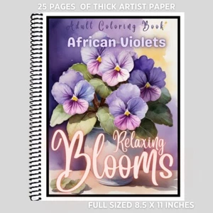 Violets - Relaxing Blooms - Adult Coloring Book - Greyscale - Thick Artist Paper - Picture 1 of 3