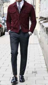 Men's Burgundy Suede Leather 100% Real Lambskin Stylish Jacket - Picture 1 of 3