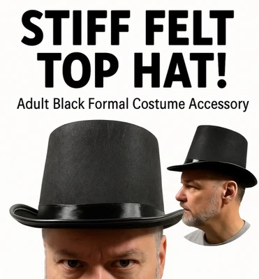 Adult STIFF FELT BLACK TOP HAT Formal Magician Magic Prop Clown Costume Cap Dre - Image 1 of 4