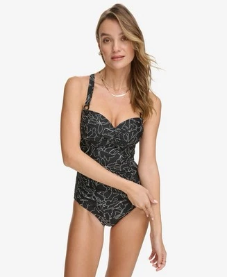 DKNY Women's Size XL Black White Sweetheart Twist Front One Piece Swimsuit New - Image 1 of 4