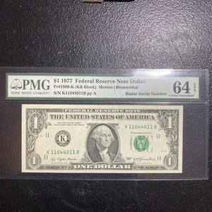 ๐ 1977 $1 Federal Reserve Note PMG 64EPQ Radar Serial Number 11044011 - Picture 1 of 5