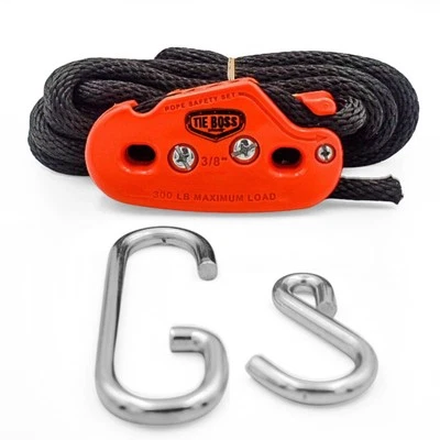 TIE BOSS Heavy Duty 3/8 Inch Tie Down System with 15 ft Rope - Orange 300 lbs Limit