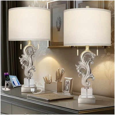 Juego de 2 lámparas de mesa con puertos USB, interruptor de cadena de tracción, 27” Silver Leaf Sculp... Foto 1 de 4