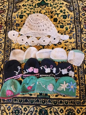 Hand Crochet Off White Baby Child Doll Bonnet & Bottle Covers (13) Antique  - Image 1 of 4