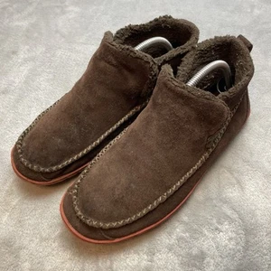 LLB ean Mountain Moccasin Booties Slippers Mens 9M Brown Suede Sherpa Lined Boho - Picture 1 of 8