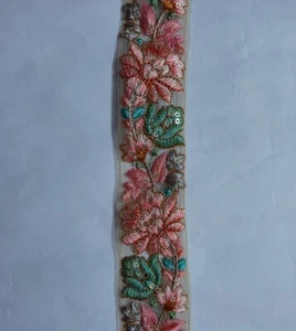 MULTI COLOR EMBROIDERY ON NET FABRIC WITH SILKY THREAD FACNY TRIMS - Picture 1 of 6