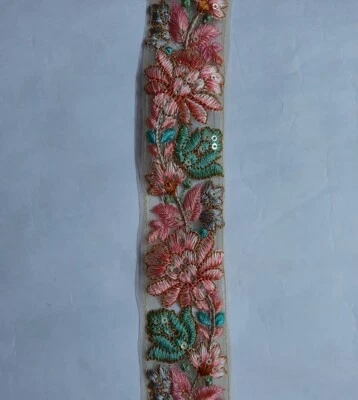 MULTI COLOR EMBROIDERY ON NET FABRIC WITH SILKY THREAD FACNY TRIMS - Image 1 of 4