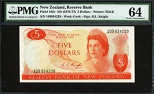 New Zealand 1975-1977, 5 Dollars, P165c,Signature R. L. Knight, PMG 64 UNC