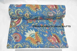 Mukat Print Twin Cotton 60 x 90 inch Blue Home Decor Bedspread Kantha Quilt - Picture 1 of 3