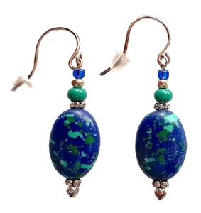 Earrings - Azurite, Stone is .75 Inch. 1.5 Inches Total, Glass Bead Accents - Picture 1 of 1