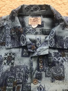 UI MAIKAI 1950-60s BLUE HAWAIIAN PRINT ALOHA SHIRT METAL BUTTONS HORIZONTAL SLIT - Picture 1 of 6