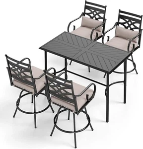5 Piece Outdoor Bar Set Patio Bar Table Chairs Set Swivel Stool Bar Height Table - Picture 1 of 12