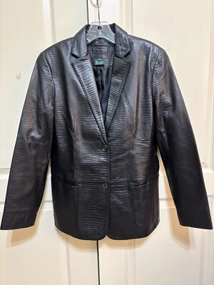 Chaqueta de cuero Ralph Lauren para dama negra reptil en relieve talla mediana Foto 1 de 4