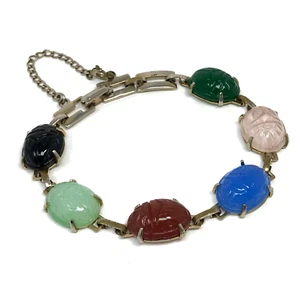 Vtg Egyptian Revival Multicolor Glass Scarab Beetle Bracelet Gold Tone 7.5 inch - Picture 1 of 6