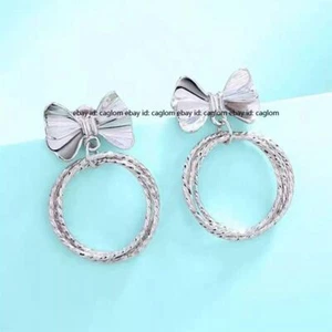 Pure Platinum 950 Stud Women Bowknot Carved Twist Circle Dangle Earrings 3.96g - Picture 1 of 9
