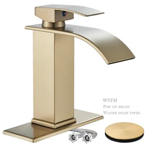 Brushed Gold Single Handle Bathroom Sink Faucet Waterfall Vanity Mixer w/Drain - Picture 1 of 13