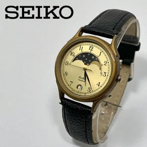 SEIKO Rare ALBA Moon Phase Quartz Watch with Leather Band Vintage Style NA - Picture 1 of 6