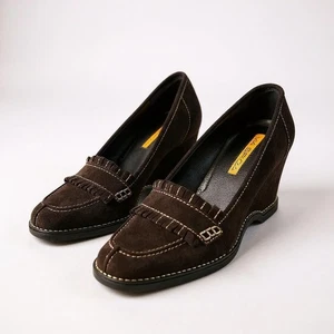 Via Spiga Zapatos Mujer Talla 7 Gamuza Cuña Mocasines Sin Cordones Hecho en Italia Comodidad - Imagen 1 de 7