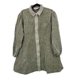 Army Green Washed Denim Button Front Mini Dress Sz S Puff Military Gorpcore - Picture 1 of 15