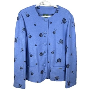 Geiger Periwinkle Jacket Cardigan Sweater Blazer Embroidered Wool Size 46 NWT - Picture 1 of 10