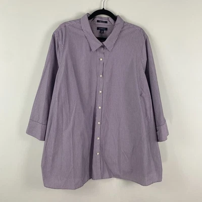 Lands End Wrinkle Free Broadcloth Shirt Womens 34W Purple Stripe 3/4 Sleeves - Image 1 of 4